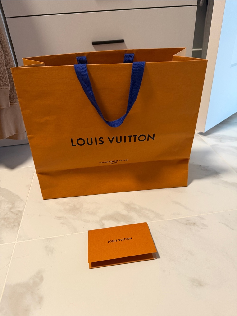 Louis Vuitton Orange Bag with Blue Ribbon Handles